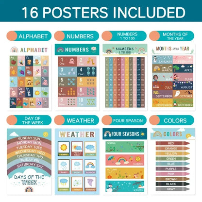 16 Pack Early Childhood Education Poster Bohemian Style Wall Stickers Decorative Paintings Kids English Early Sensory Toy