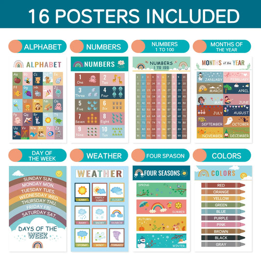 16 Pack Early Childhood Education Poster Bohemian Style Wall Stickers Decorative Paintings Kids English Early Sensory Toy